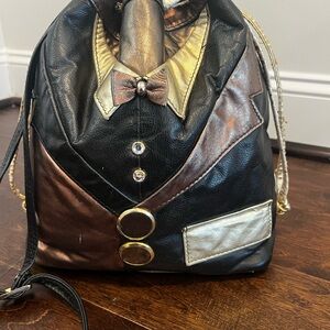Rare Vintage by Reem, Whimsical Tuxedo Black Metallic Bucket Crossbody Bag
